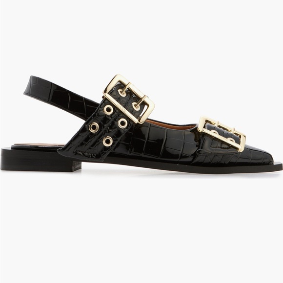 💫Ganni Black Patent Python Gold Buckle Ballerinas - Picture 3 of 13